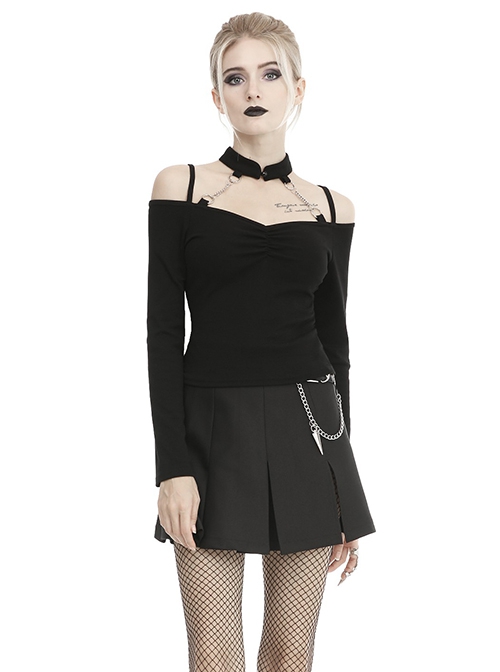 Punk Style Stand Collar One Shoulder Metal Chain Link Sexy Black Long Sleeves Halter Top T Shirt