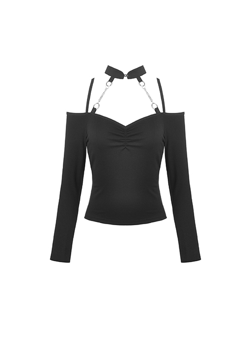 Punk Style Stand Collar One Shoulder Metal Chain Link Sexy Black Long Sleeves Halter Top T Shirt