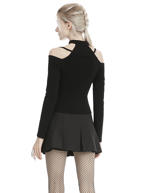 Punk Style Stand Collar One Shoulder Metal Chain Link Sexy Black Long Sleeves Halter Top T Shirt