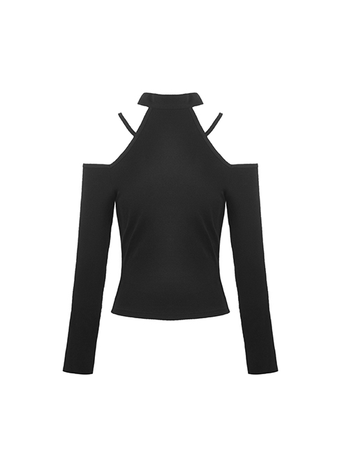 Punk Style Stand Collar One Shoulder Metal Chain Link Sexy Black Long Sleeves Halter Top T Shirt