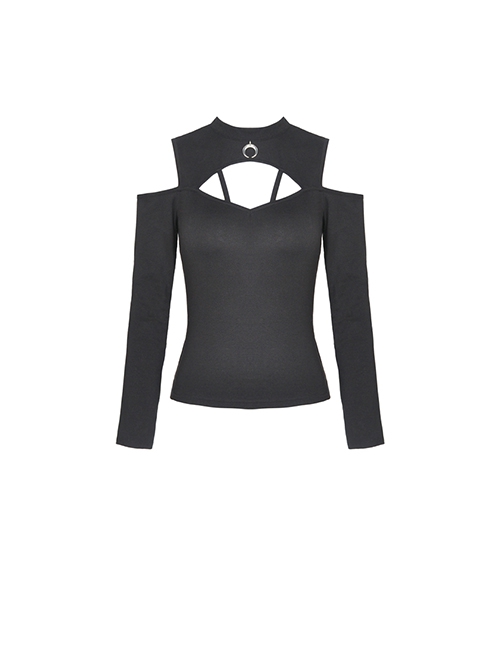 Punk Style Stand Collar Cool Metal Chain Cross Pin Pendant Hollow Chest Daily Black Short Sleeves Top
