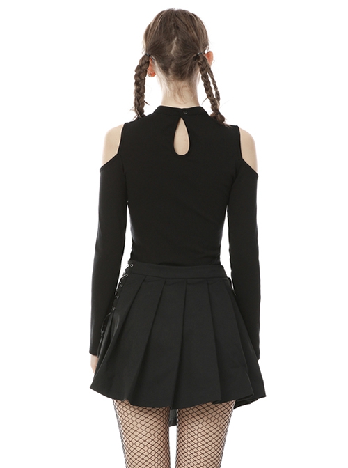 Punk Style Stand Collar Cool Metal Chain Cross Pin Pendant Hollow Chest Daily Black Short Sleeves Top