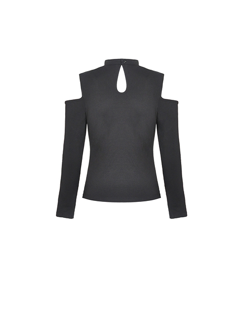 Punk Style Stand Collar Cool Metal Chain Cross Pin Pendant Hollow Chest Daily Black Short Sleeves Top