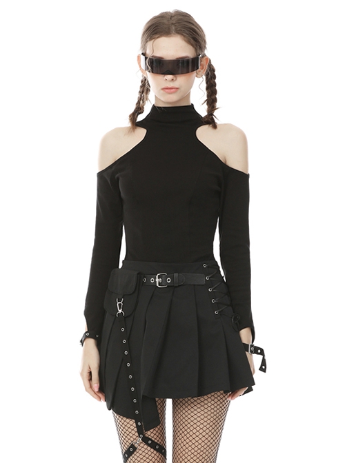 Punk Style Stand Collar Sexy Hollow Off Shoulder Metal Ring Zip Daily Black Long Sleeves T Shirt