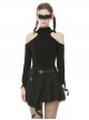 Punk Style Stand Collar Sexy Hollow Off Shoulder Metal Ring Zip Daily Black Long Sleeves T Shirt