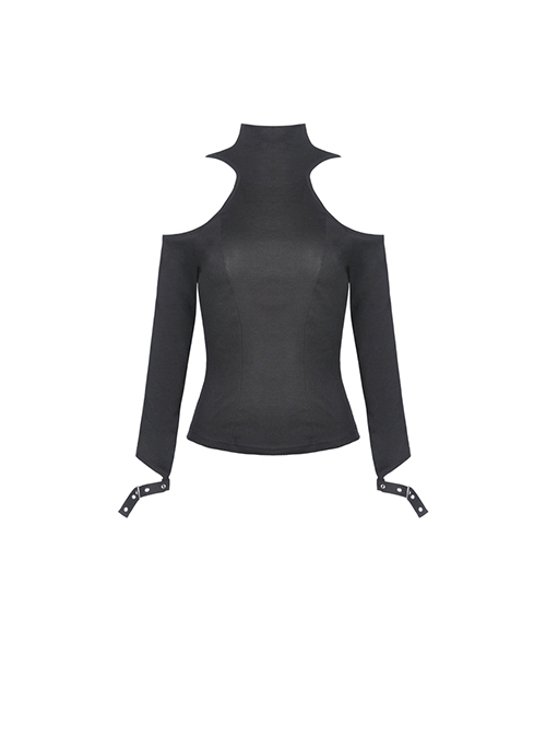 Punk Style Stand Collar Sexy Hollow Off Shoulder Metal Ring Zip Daily Black Long Sleeves T Shirt