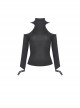 Punk Style Stand Collar Sexy Hollow Off Shoulder Metal Ring Zip Daily Black Long Sleeves T Shirt