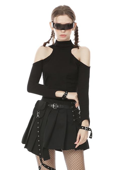 Punk Style Stand Collar Sexy Hollow Off Shoulder Metal Ring Zip Daily Black Long Sleeves T Shirt