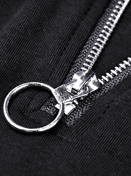 Punk Style Stand Collar Sexy Hollow Off Shoulder Metal Ring Zip Daily Black Long Sleeves T Shirt