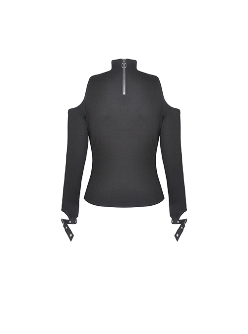 Punk Style Stand Collar Sexy Hollow Off Shoulder Metal Ring Zip Daily Black Long Sleeves T Shirt