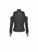 Punk Style Stand Collar Sexy Hollow Off Shoulder Metal Ring Zip Daily Black Long Sleeves T Shirt