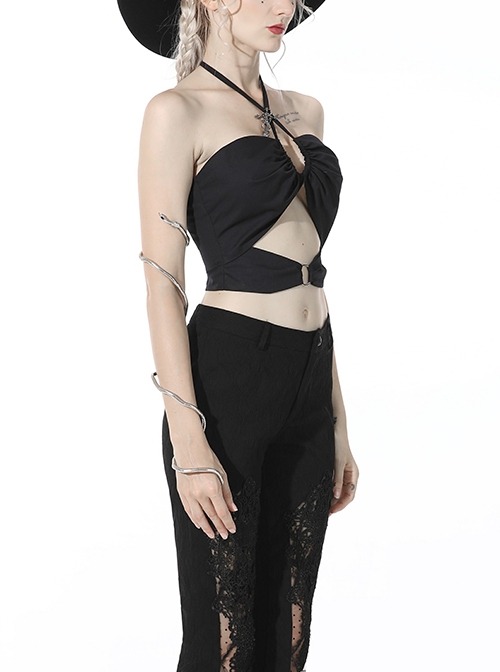 Punk Style Personalized Metal Cross Decorated Cross Strap Black Sexy Midriff Baring Halter Top