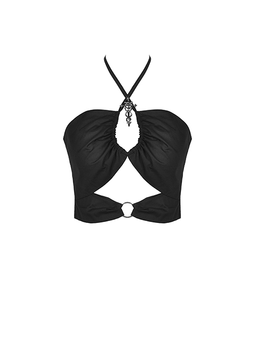 Punk Style Personalized Metal Cross Decorated Cross Strap Black Sexy Midriff Baring Halter Top