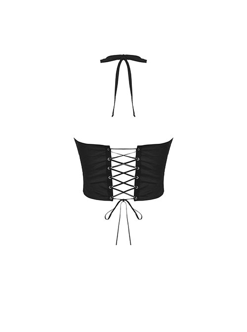 Punk Style Personalized Metal Cross Decorated Cross Strap Black Sexy Midriff Baring Halter Top