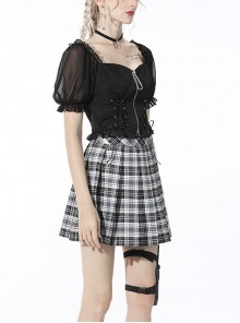 Gothic Style Backless Unique Metal Pin Zip Leather Cross Strap Mesh Ruffle Black Puff Sleeves Short Top