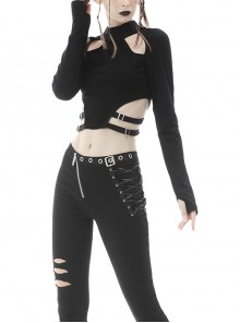 Punk Style Stand Collar Rebellious Hollow Metal Buckle Strap Sexy Black Long Sleeves Short Top