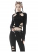 Punk Style Stand Collar Rebellious Hollow Metal Buckle Strap Sexy Black Long Sleeves Short Top