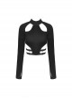 Punk Style Stand Collar Rebellious Hollow Metal Buckle Strap Sexy Black Long Sleeves Short Top
