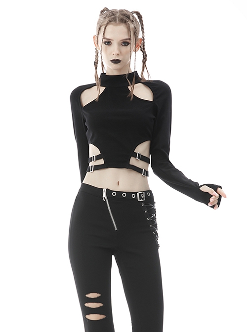 Punk Style Stand Collar Rebellious Hollow Metal Buckle Strap Sexy Black Long Sleeves Short Top