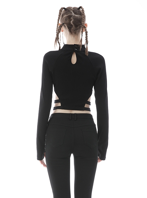 Punk Style Stand Collar Rebellious Hollow Metal Buckle Strap Sexy Black Long Sleeves Short Top