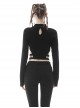 Punk Style Stand Collar Rebellious Hollow Metal Buckle Strap Sexy Black Long Sleeves Short Top