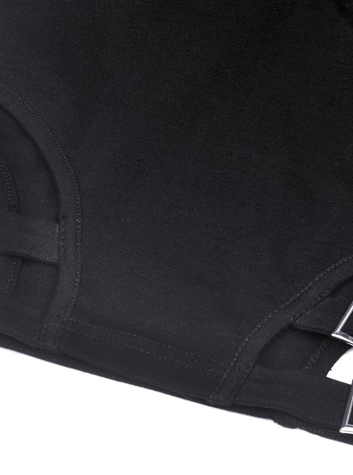 Punk Style Stand Collar Rebellious Hollow Metal Buckle Strap Sexy Black Long Sleeves Short Top