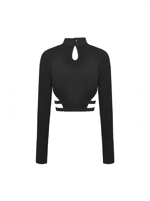 Punk Style Stand Collar Rebellious Hollow Metal Buckle Strap Sexy Black Long Sleeves Short Top