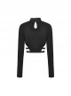 Punk Style Stand Collar Rebellious Hollow Metal Buckle Strap Sexy Black Long Sleeves Short Top
