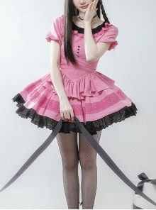 Sweet Whisper Series Black Pink Y2K Landmine Girl Ruffled Crew Neck Lace Sweet Lolita Fluffy Bowknot Short Sleeve Dress