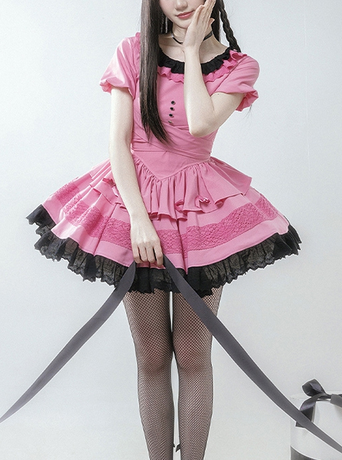 Sweet Whisper Series Black Pink Y2K Landmine Girl Ruffled Crew Neck Lace Sweet Lolita Fluffy Bowknot Short Sleeve Dress