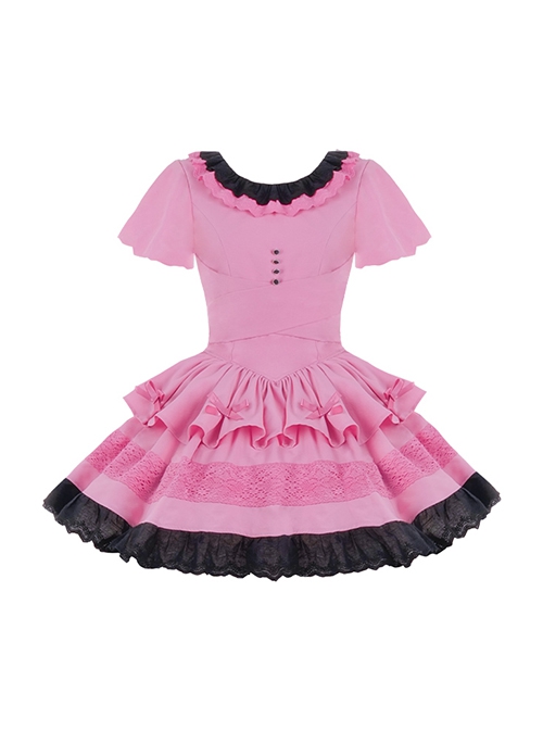 Sweet Whisper Series Black Pink Y2K Landmine Girl Ruffled Crew Neck Lace Sweet Lolita Fluffy Bowknot Short Sleeve Dress