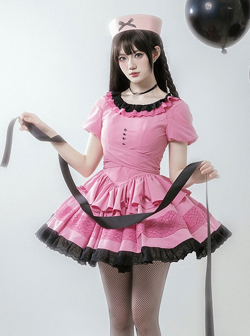 Sweet Whisper Series Black Pink Y2K Landmine Girl Ruffled Crew Neck Lace Sweet Lolita Fluffy Bowknot Short Sleeve Dress