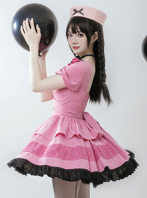 Sweet Whisper Series Black Pink Y2K Landmine Girl Ruffled Crew Neck Lace Sweet Lolita Fluffy Bowknot Short Sleeve Dress
