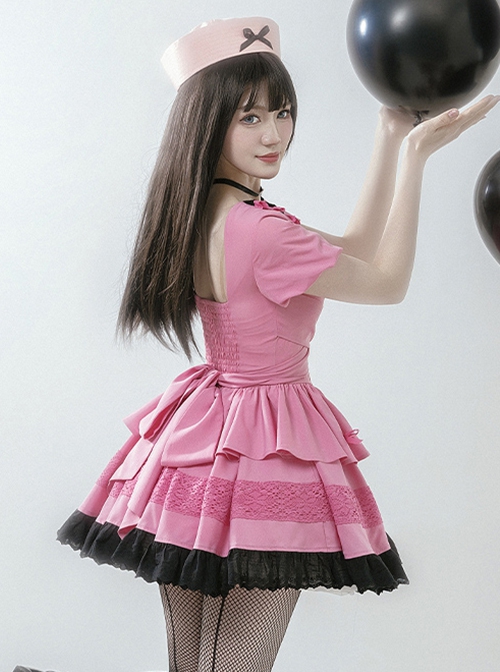 Sweet Whisper Series Black Pink Y2K Landmine Girl Ruffled Crew Neck Lace Sweet Lolita Fluffy Bowknot Short Sleeve Dress