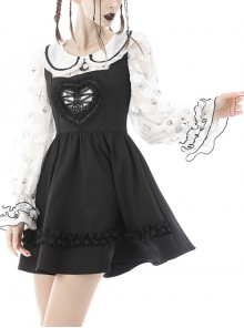 Gothic Style Cute Doll Collar Unique Moon Star Print Delicate Embroidery Lace Black Ruffle White Long Sleeves Shirt