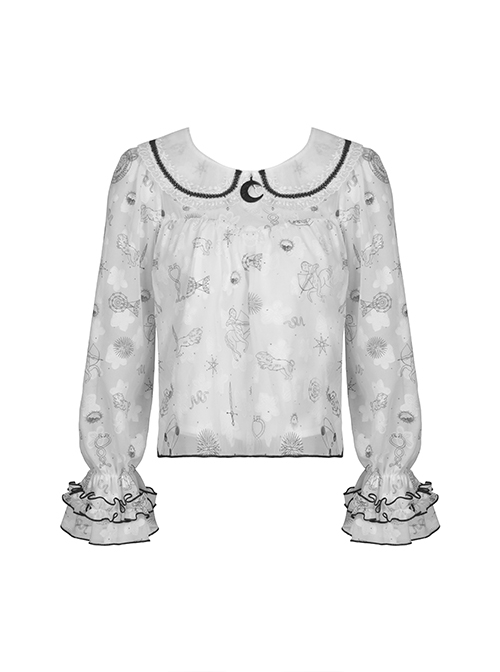 Gothic Style Cute Doll Collar Unique Moon Star Print Delicate Embroidery Lace Black Ruffle White Long Sleeves Shirt