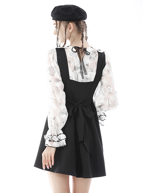 Gothic Style Cute Doll Collar Unique Moon Star Print Delicate Embroidery Lace Black Ruffle White Long Sleeves Shirt