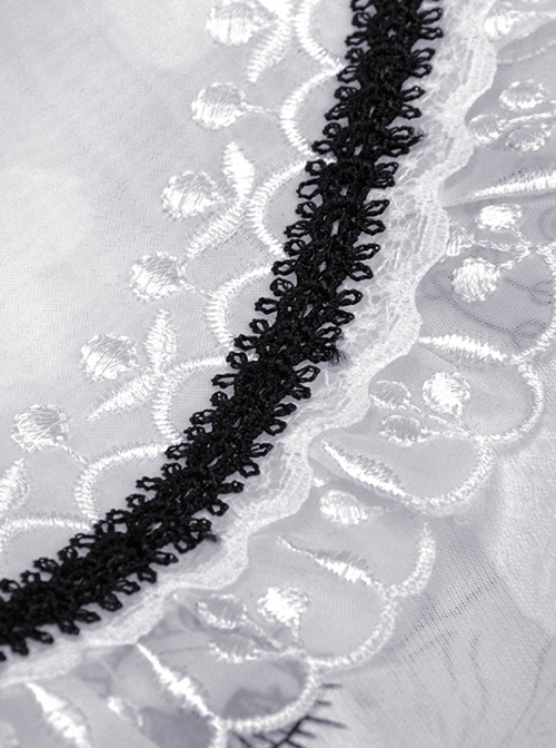 Gothic Style Cute Doll Collar Unique Moon Star Print Delicate Embroidery Lace Black Ruffle White Long Sleeves Shirt