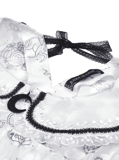Gothic Style Cute Doll Collar Unique Moon Star Print Delicate Embroidery Lace Black Ruffle White Long Sleeves Shirt