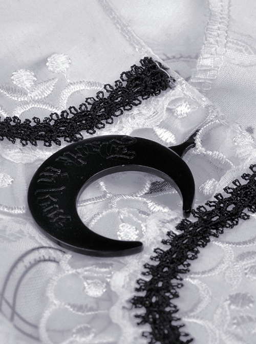 Gothic Style Cute Doll Collar Unique Moon Star Print Delicate Embroidery Lace Black Ruffle White Long Sleeves Shirt