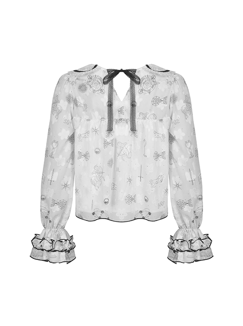 Gothic Style Cute Doll Collar Unique Moon Star Print Delicate Embroidery Lace Black Ruffle White Long Sleeves Shirt
