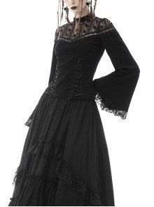 Gothic Style Elegant Stand Collar Exquisite Embroidered Lace Cross Strap Retro Black Trumpet Sleeves Top