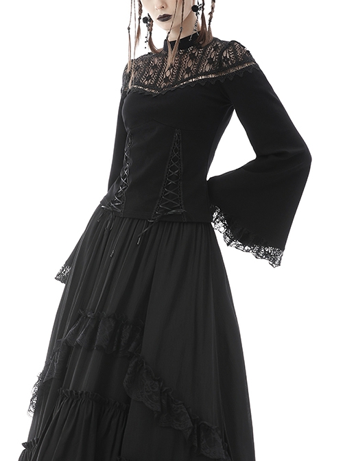 Gothic Style Elegant Stand Collar Exquisite Embroidered Lace Cross Strap Retro Black Trumpet Sleeves Top