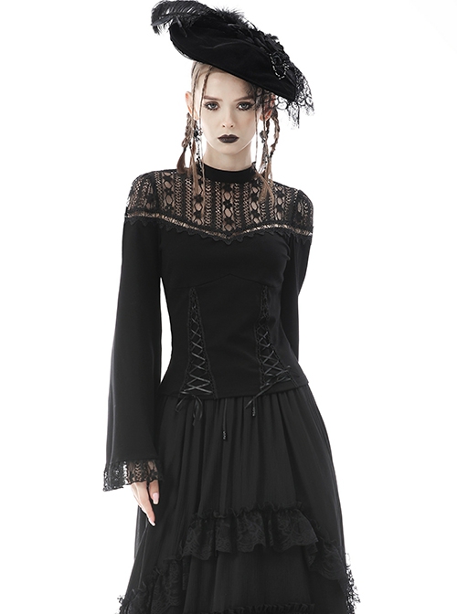 Gothic Style Elegant Stand Collar Exquisite Embroidered Lace Cross Strap Retro Black Trumpet Sleeves Top