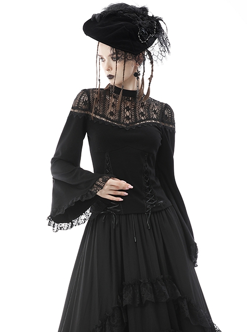 Gothic Style Elegant Stand Collar Exquisite Embroidered Lace Cross Strap Retro Black Trumpet Sleeves Top