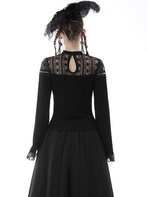 Gothic Style Elegant Stand Collar Exquisite Embroidered Lace Cross Strap Retro Black Trumpet Sleeves Top