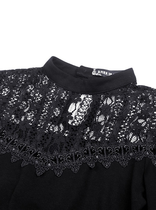 Gothic Style Elegant Stand Collar Exquisite Embroidered Lace Cross Strap Retro Black Trumpet Sleeves Top