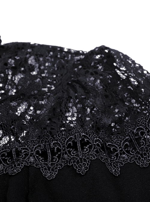 Gothic Style Elegant Stand Collar Exquisite Embroidered Lace Cross Strap Retro Black Trumpet Sleeves Top