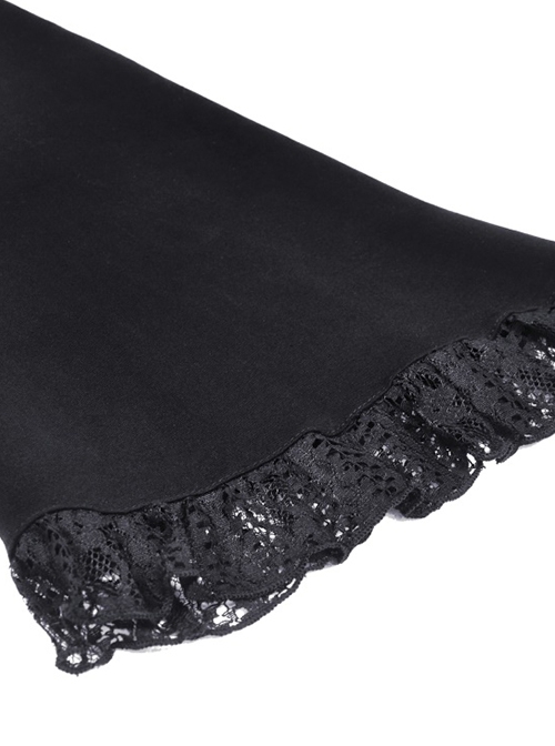 Gothic Style Elegant Stand Collar Exquisite Embroidered Lace Cross Strap Retro Black Trumpet Sleeves Top