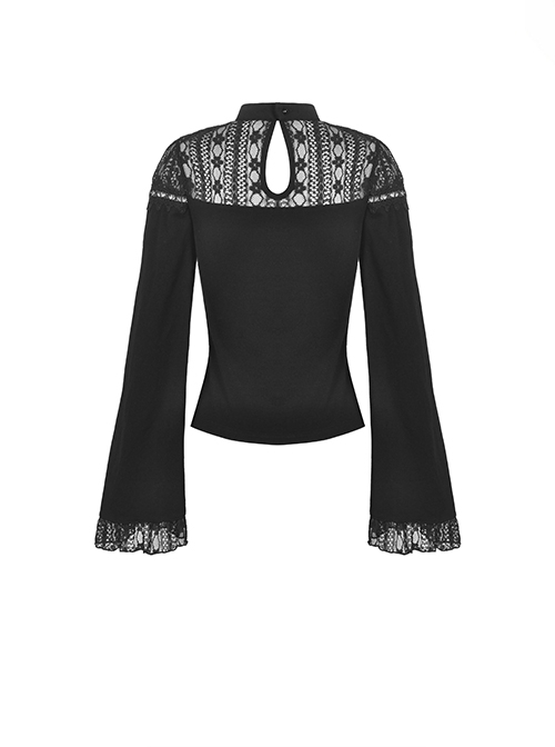 Gothic Style Elegant Stand Collar Exquisite Embroidered Lace Cross Strap Retro Black Trumpet Sleeves Top